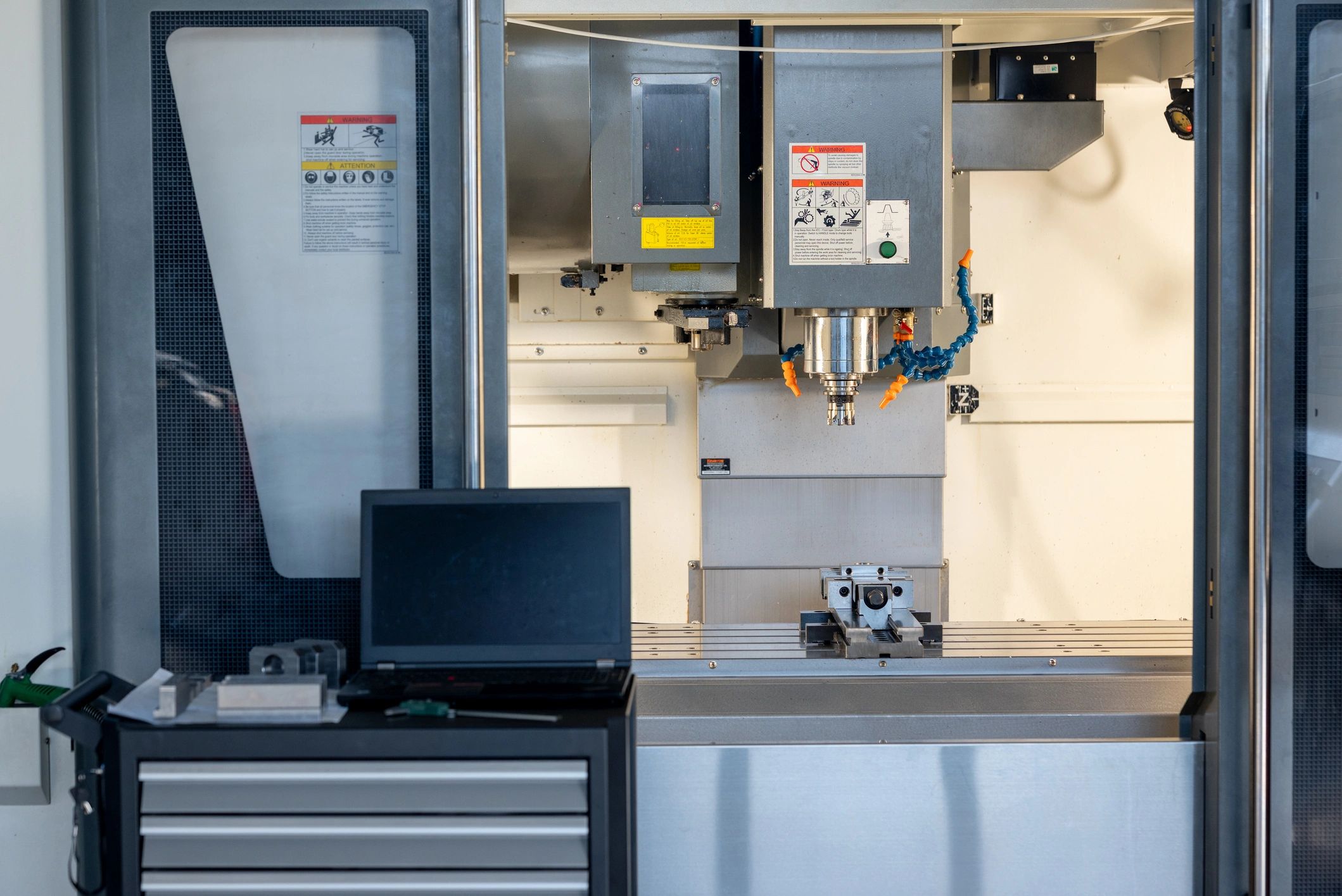 Interior of a CNC milling machine used for precision tooling components